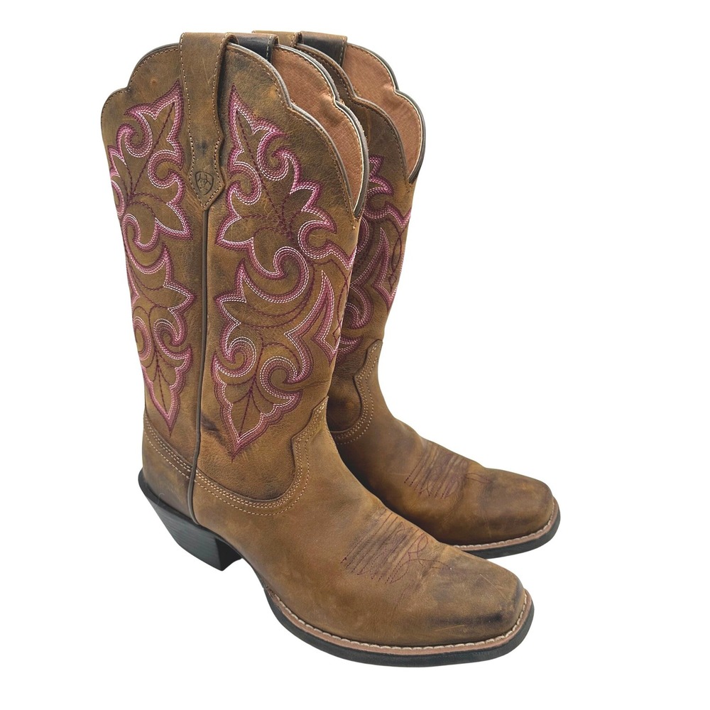 Ariat Round Up Women Brown Leather Pink Embroidery Western Square Toe Boots 6.5B